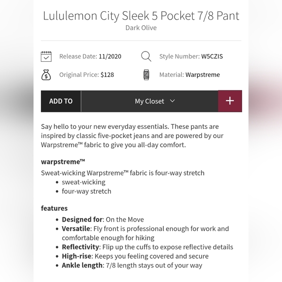 NWOT Lululemon City Sleek 5 Pocket 7/8 Pant Size 12 - Dark Olive - Picture 4 of 7